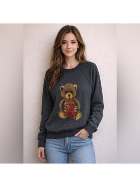 Vintage Teddy Bear Heart Sweater 80s 90s Y2K